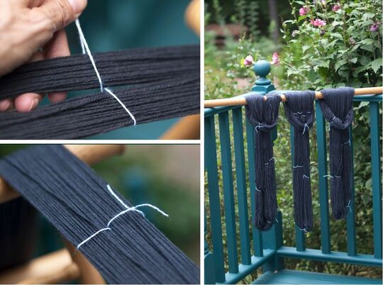 Tying a skein, Photos by Moira Ravenscroft, Wyndlestraw Designs
