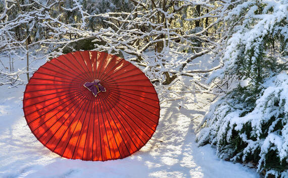 Red umbrella in the snow, photo by Tim Ravenscroft, Wyndlestraw Designs