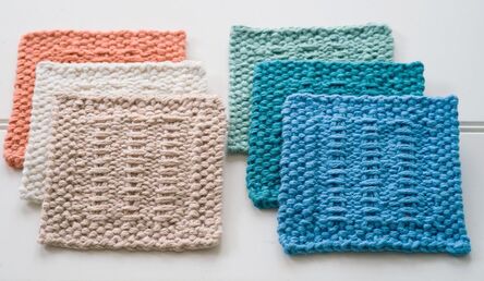Coasters from Somertide Placemats knitting pattern by Moira Ravenscroft, Wyndlestraw Designs